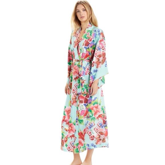 Natori Star Blossom Belted Robe Private Luxuries Size large Blue Pink - Picture 1 of 10